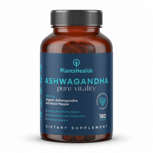 Plants Heal Us Ashwagandha and Black Pepper capsules front view