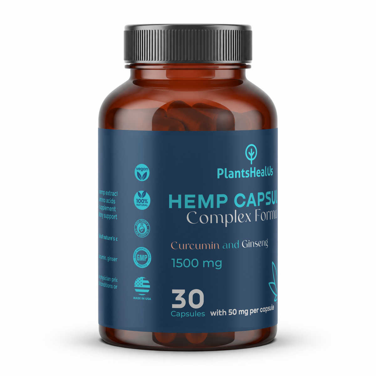 Plants Heal Us Hemp Curcumin and Ginseng Capsules 1500 mg - left front view with product icons