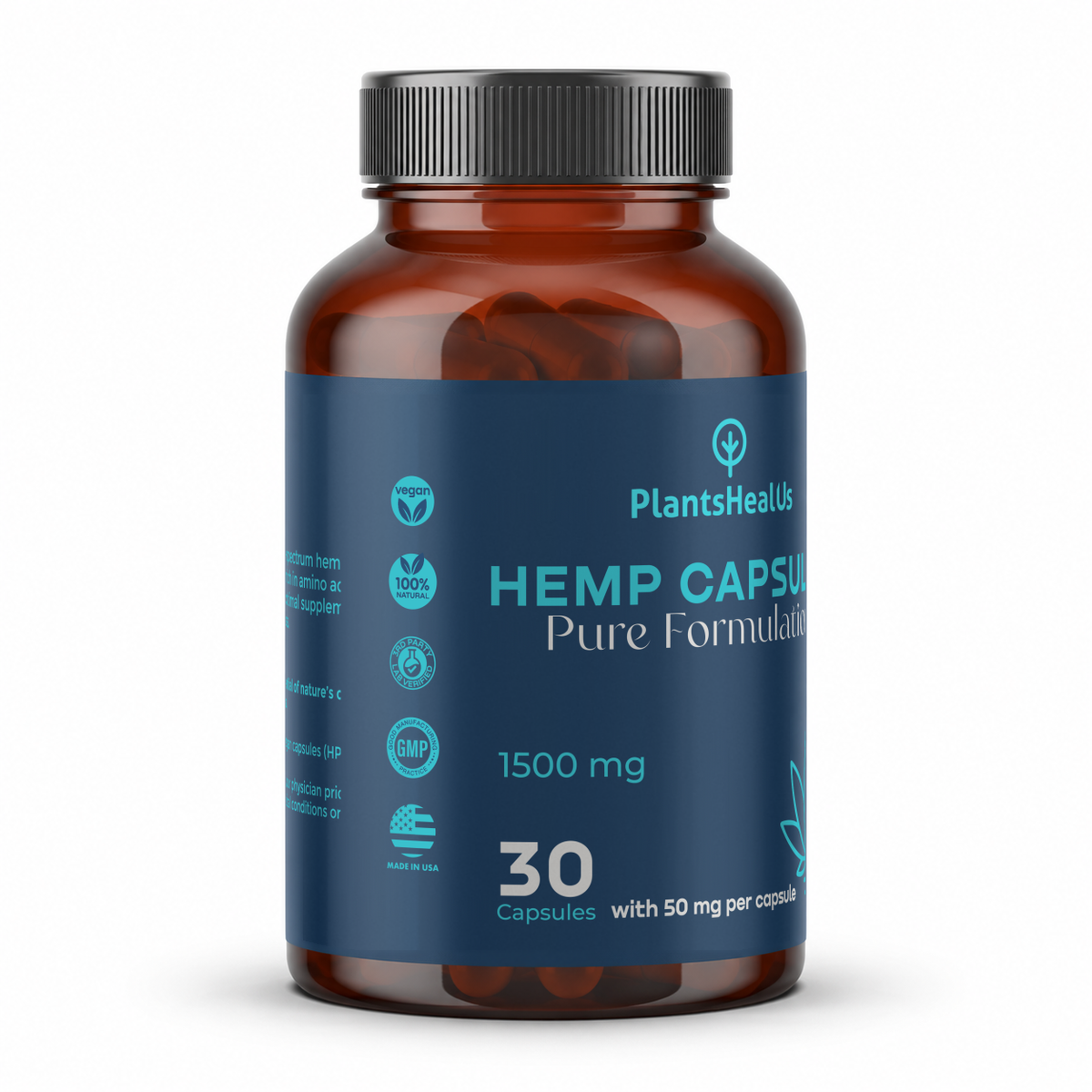 Plants Heal Us Hemp Pure Capsules 1500 mg - left front view with product icons