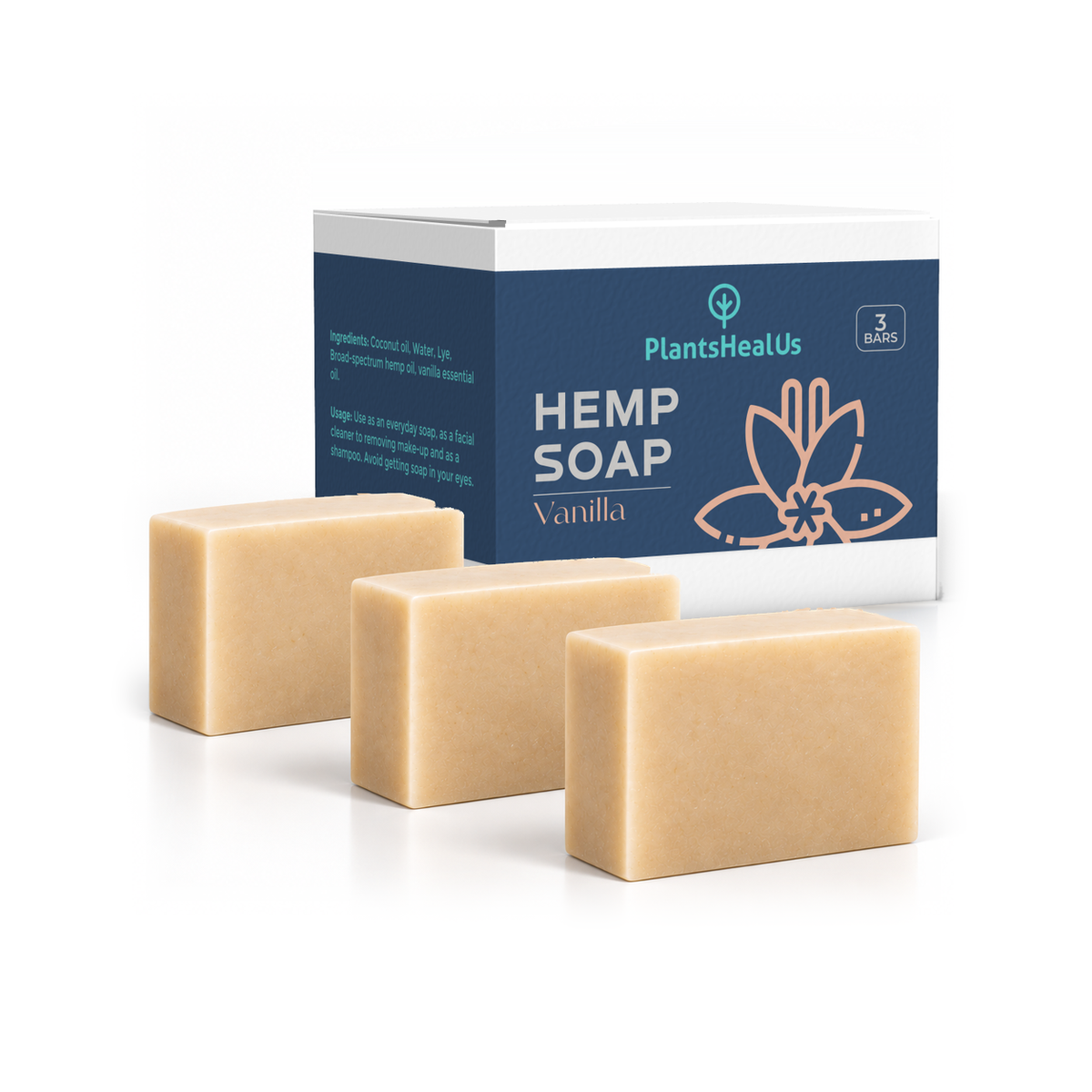 Plants Heal Us Vanilla Hemp Soap 3 Pack with three soap bars