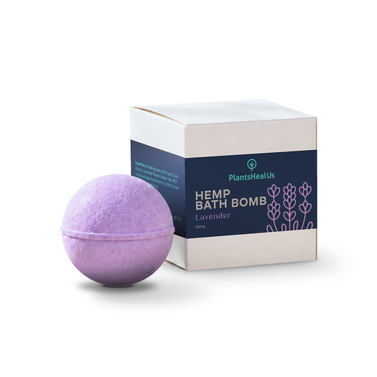 Plants Heal Us Lavender Hemp Bath Bomb with its carton, front view